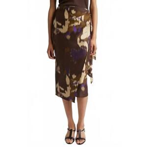 NEW MAXMARA dritto floral shantung silk wrap skirt in coffe
